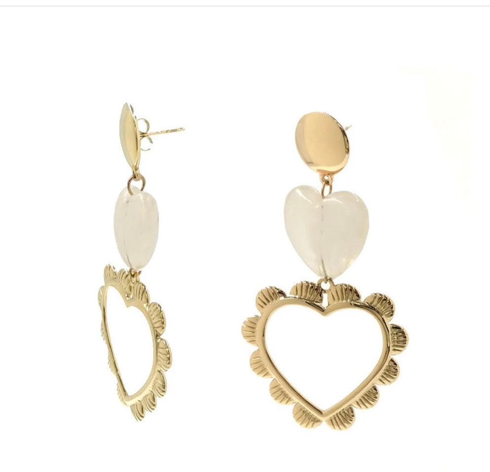 Boucles d’oreilles cœur doré et blanc marbré
