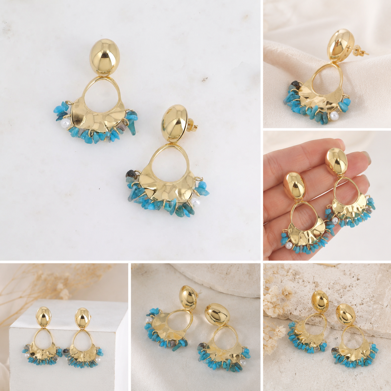 Boucles pendantes - Apatite - pierres naturelles et résine blanche