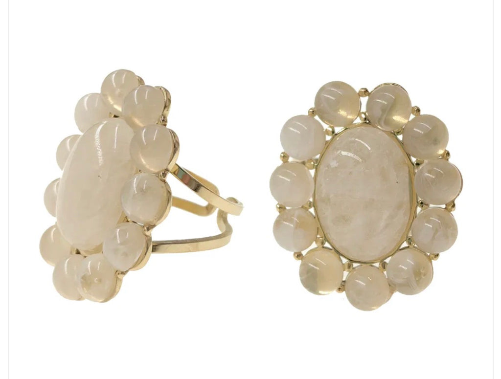 Bague ronde fleur pierre résine doré