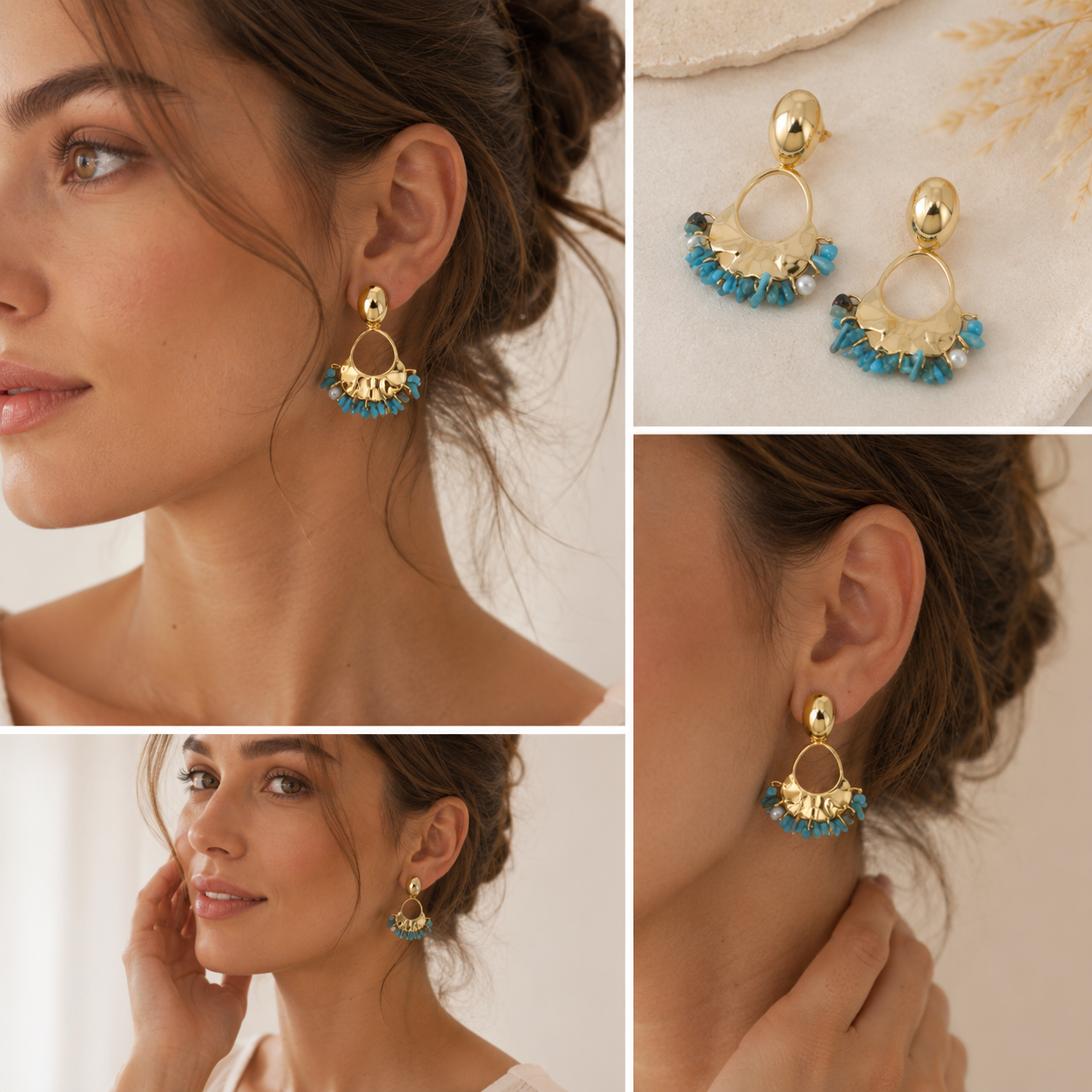 Boucles pendantes - Apatite - pierres naturelles et résine blanche