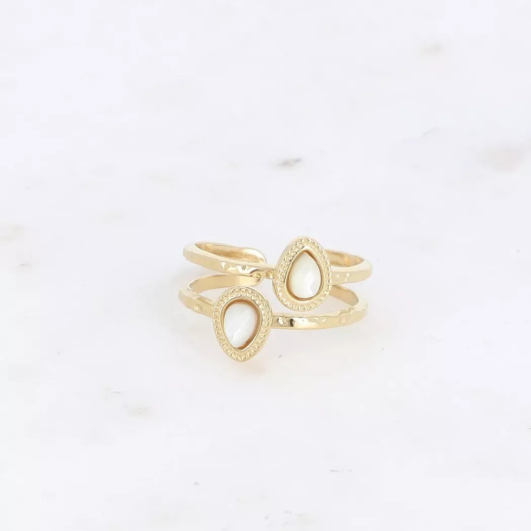 Bague - Nacre blanche - 2 rangs, 2 pierres naturelles gouttes