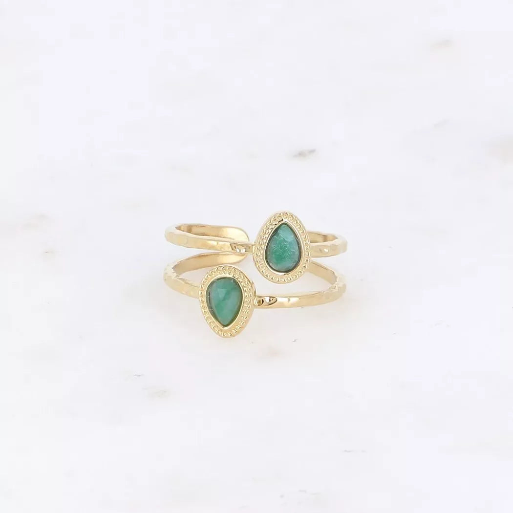 Bague - Turquoise Africaine reconstituée - 2 rangs, 2 pierres naturelles gouttes