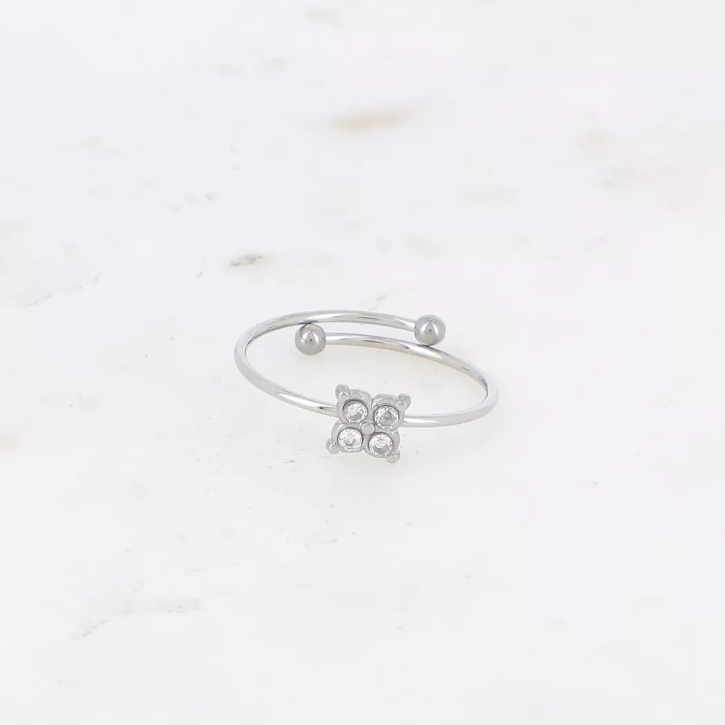Bague - argenté blanc - trèfle et oxydes de zirconium