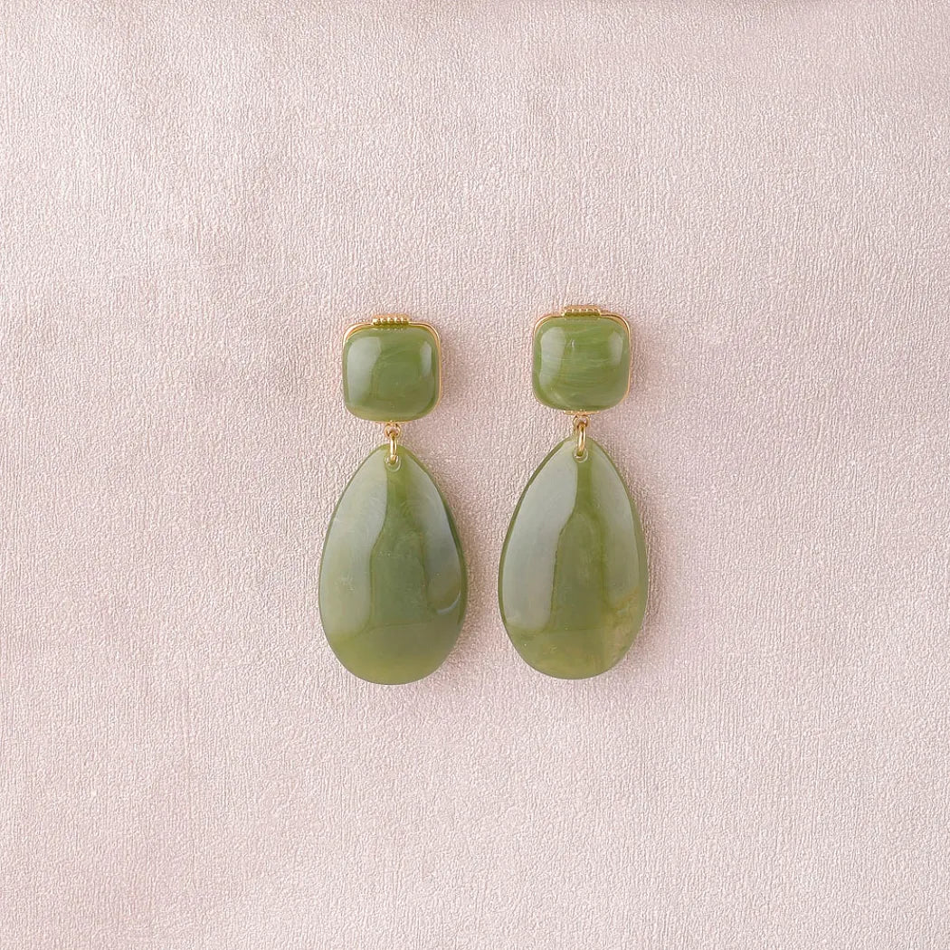 Boucles pendantes - Doré kaki - 2 pièces en résine, carré et goutte