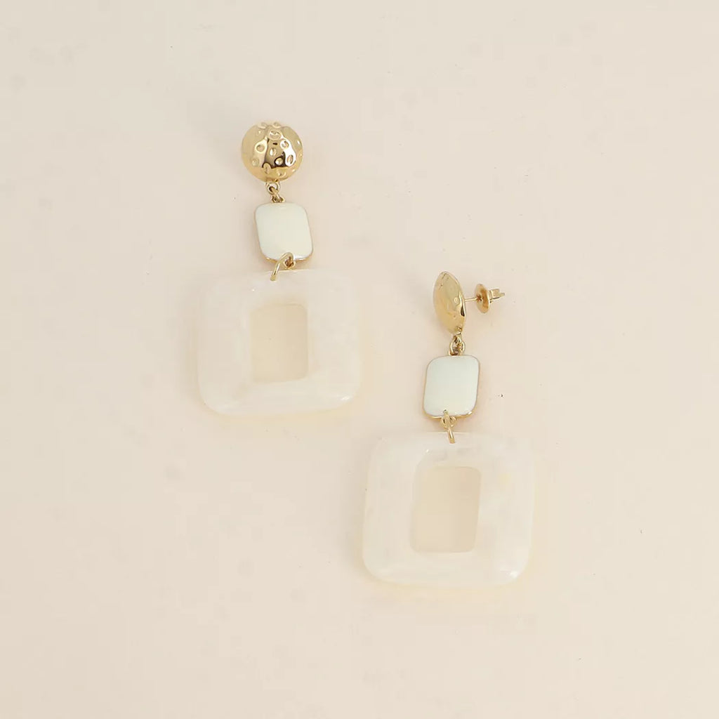 Boucles pendantes - rectangle acétate - beige blanc doré