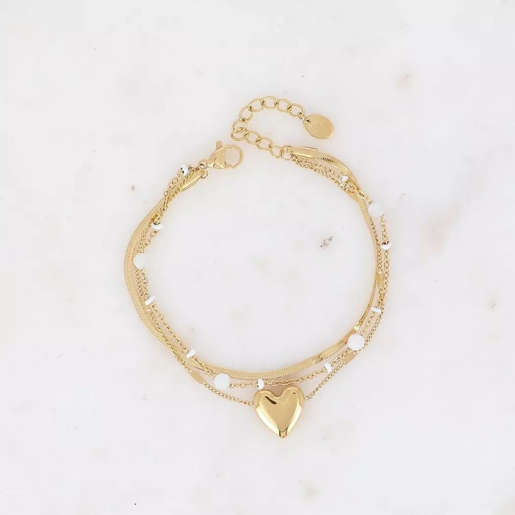 Bracelet 3 rangs -pierres naturelles blanches, pendentif coeur doré
