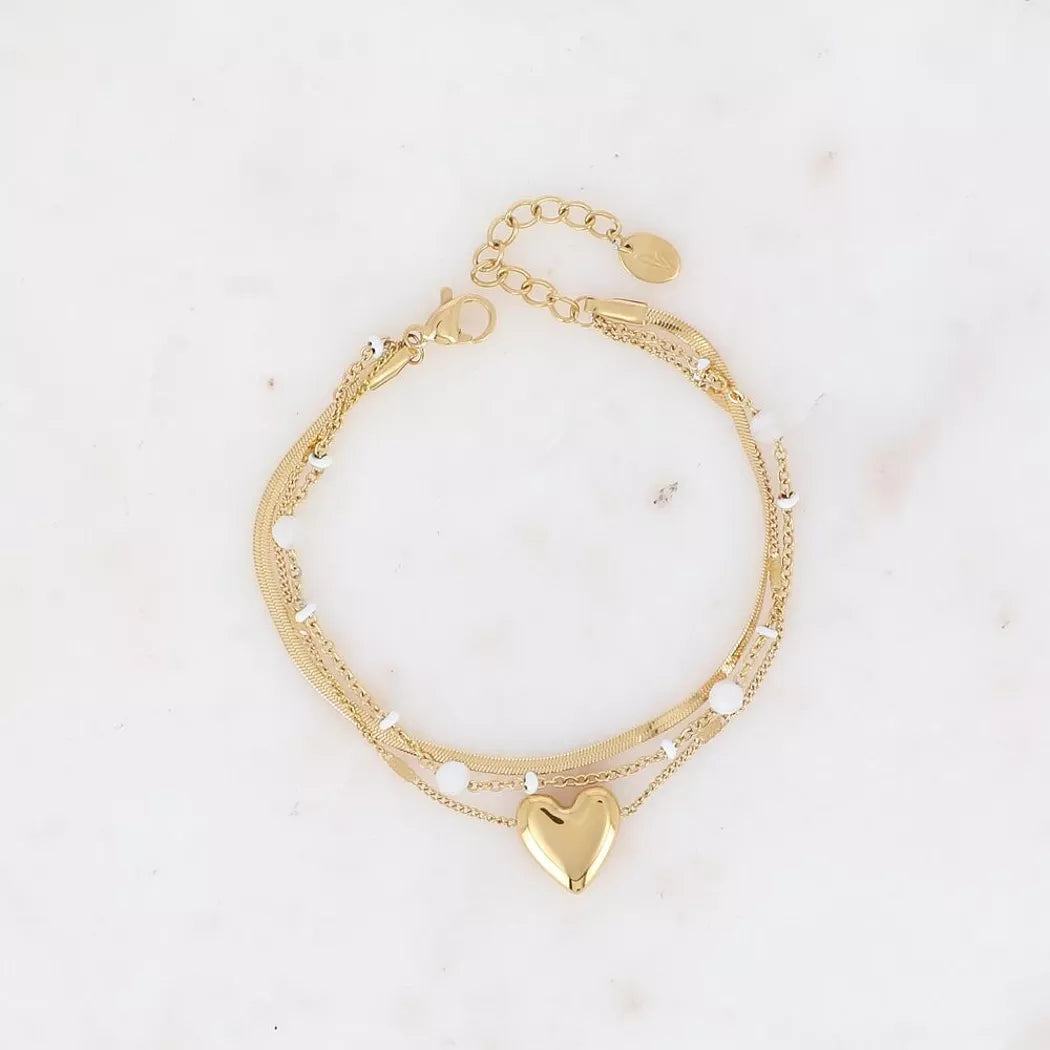 Bracelet 3 rangs -pierres naturelles blanches, pendentif coeur doré