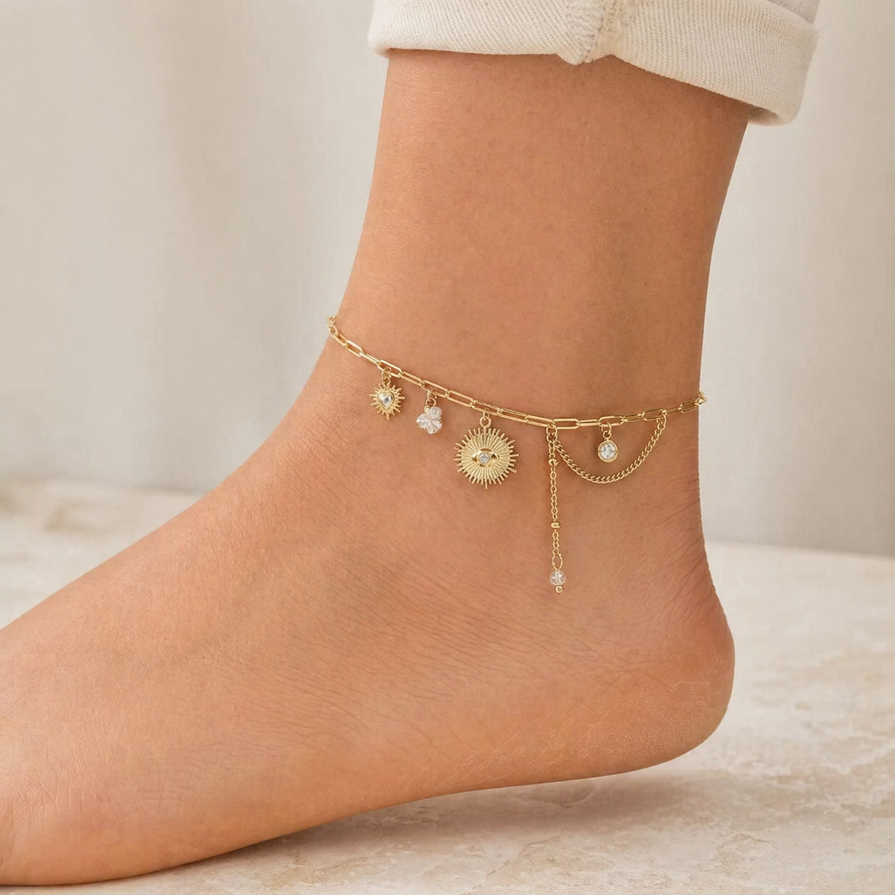 Bracelet cheville - blanc et doré