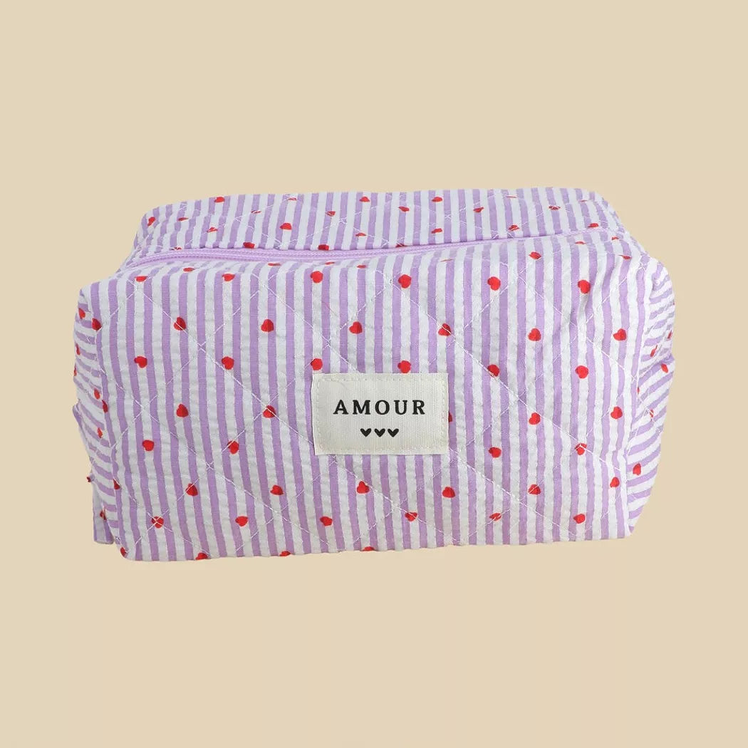 Trousse de toilette - Lilas et petits cœurs rouges
