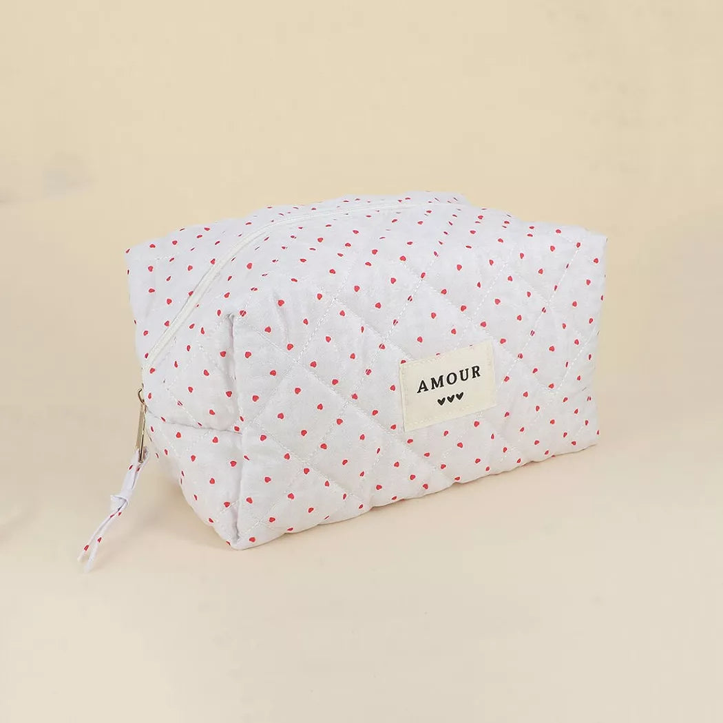 Trousse de toilette - Blanc et petits cœurs rouges