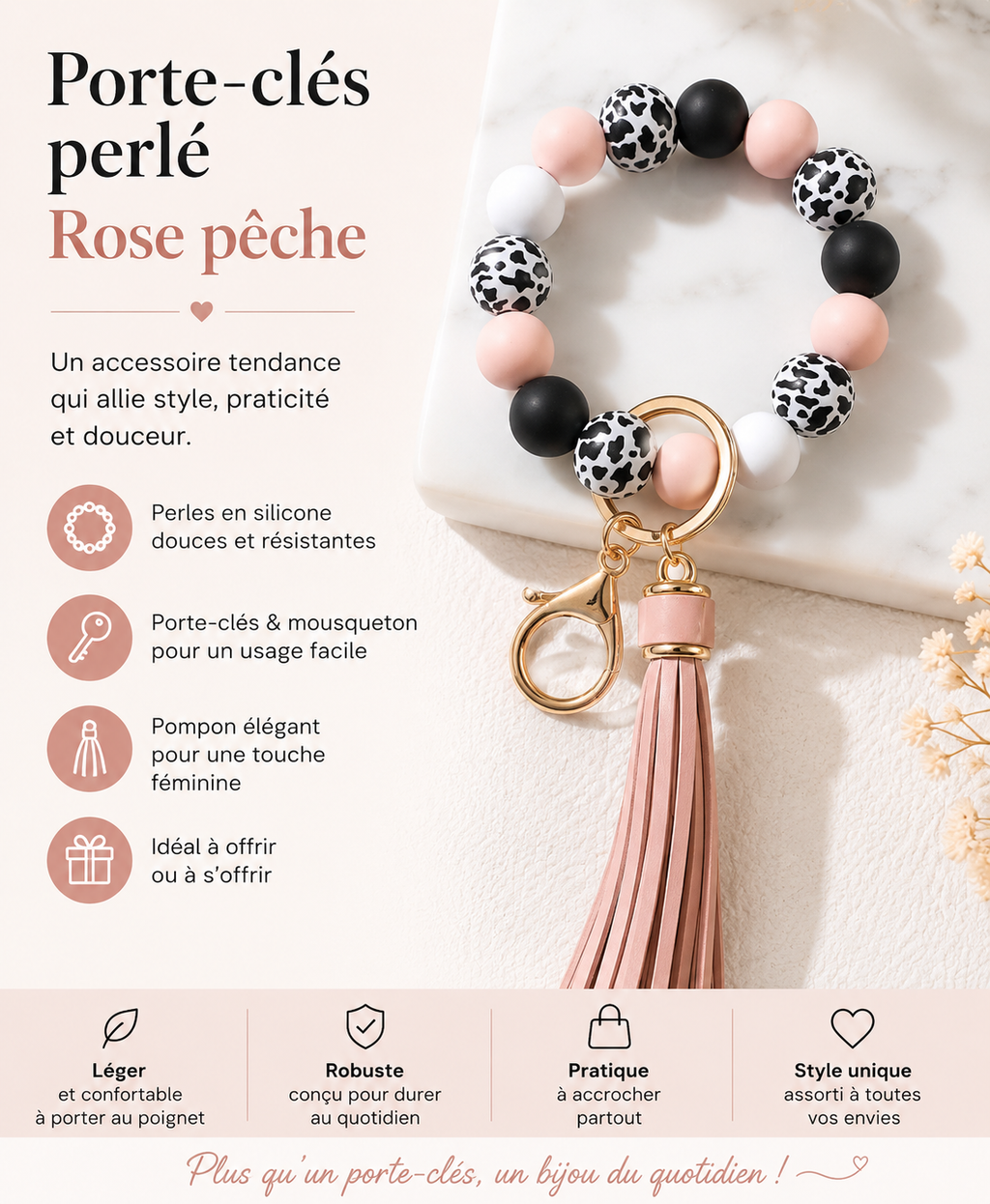 Porte clé bracelet- Rose pêche