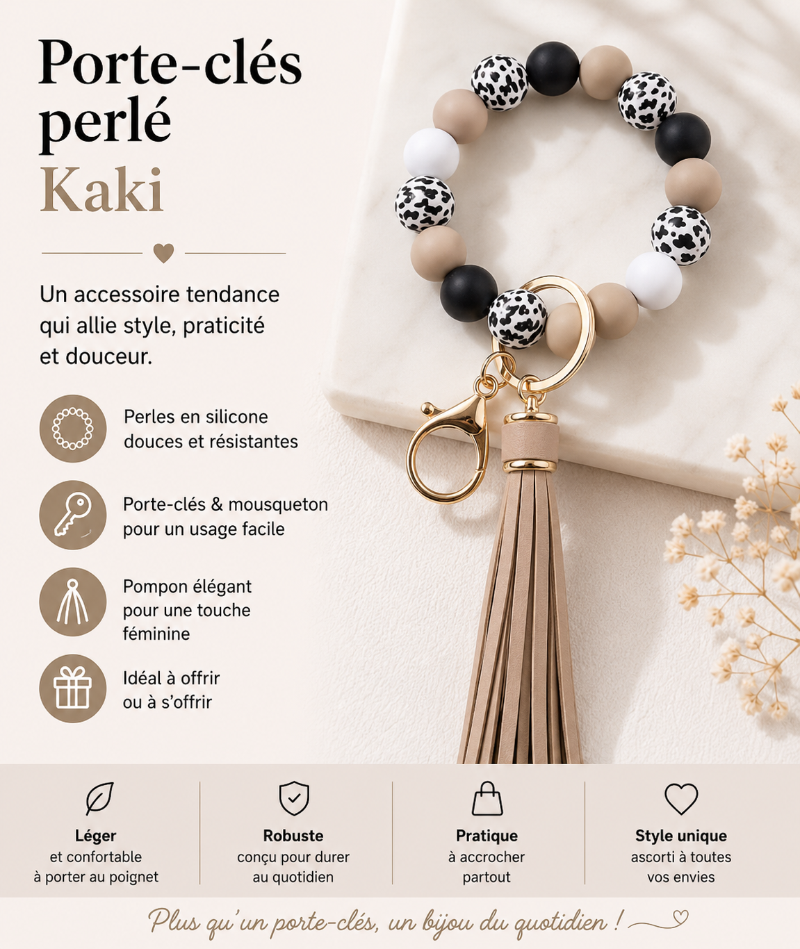 Porte clé bracelet- beige kaki