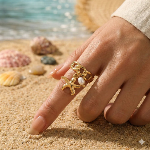 Bague étoile de mer et perle - dorée