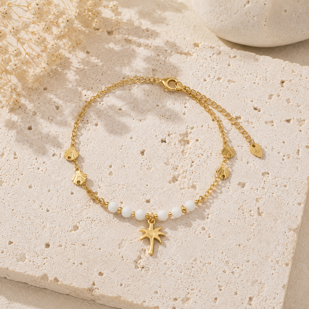 Bracelet doré perles et coquillages pendentif palmier